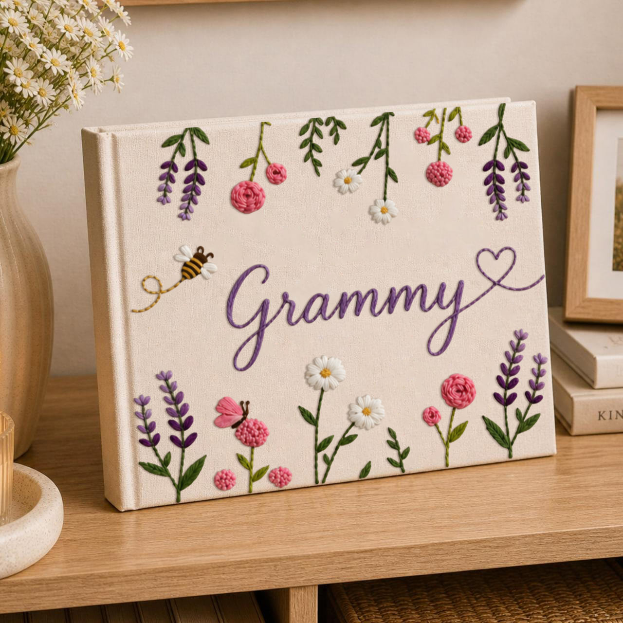 Personalized lavender blossom hand embroidered linen notebook with floral garlands butterflies daisies and custom name