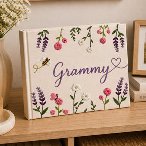 Personalized lavender blossom hand embroidered linen notebook with floral garlands butterflies daisies and custom name