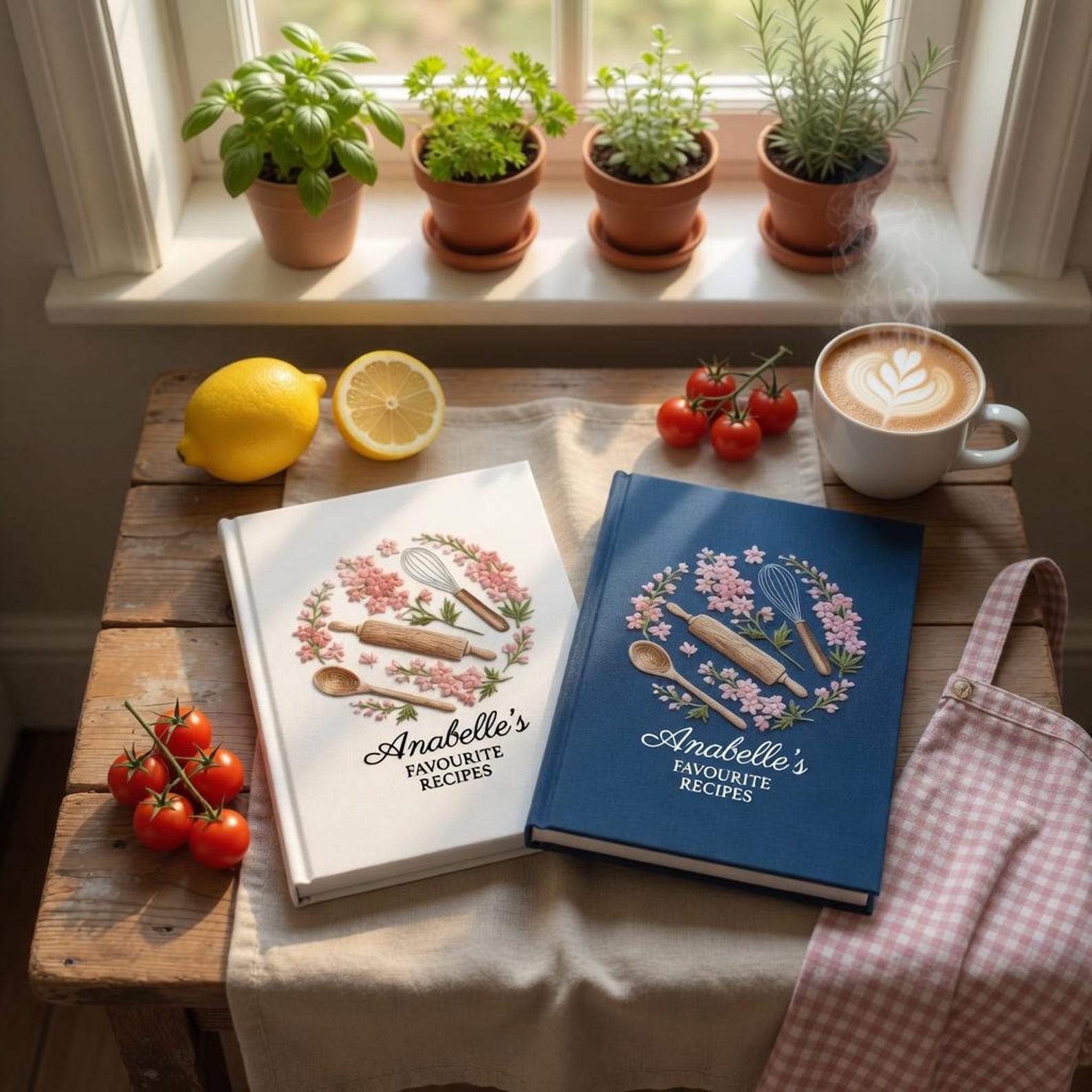 Personalized hand embroidered recipe book featuring pink floral wreath with rolling pin, whisk and wooden spoon on a white linen cover.