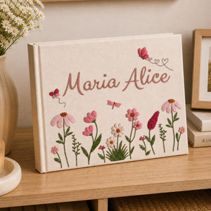 Personalized butterfly flower garden hand embroidered linen notebook with pink wildflowers and custom name