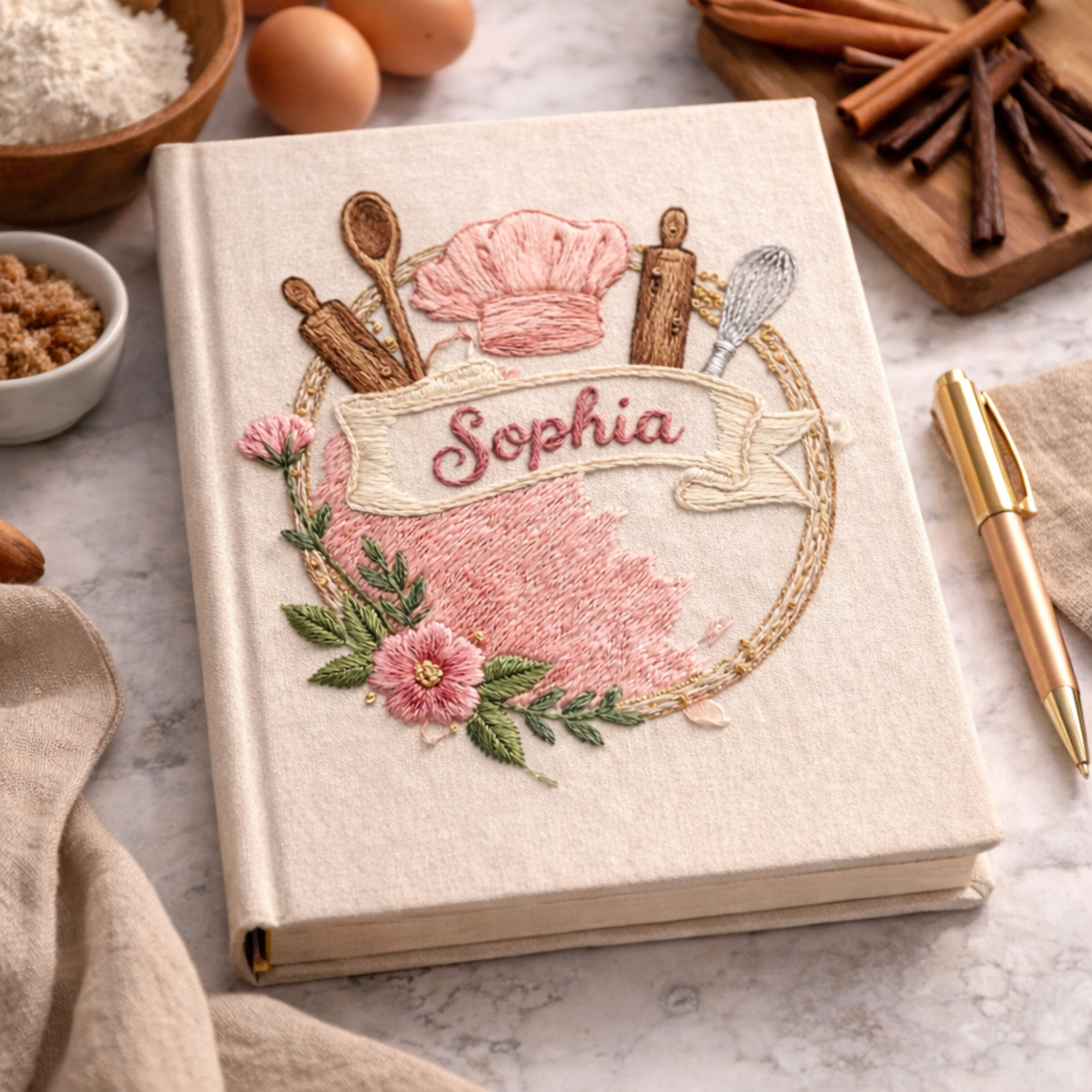 Personalized hand embroidered recipe book featuring chef hat, rolling pins, whisk, wooden spoon, floral accents, and custom name embroidery on a linen hardcover notebook.
