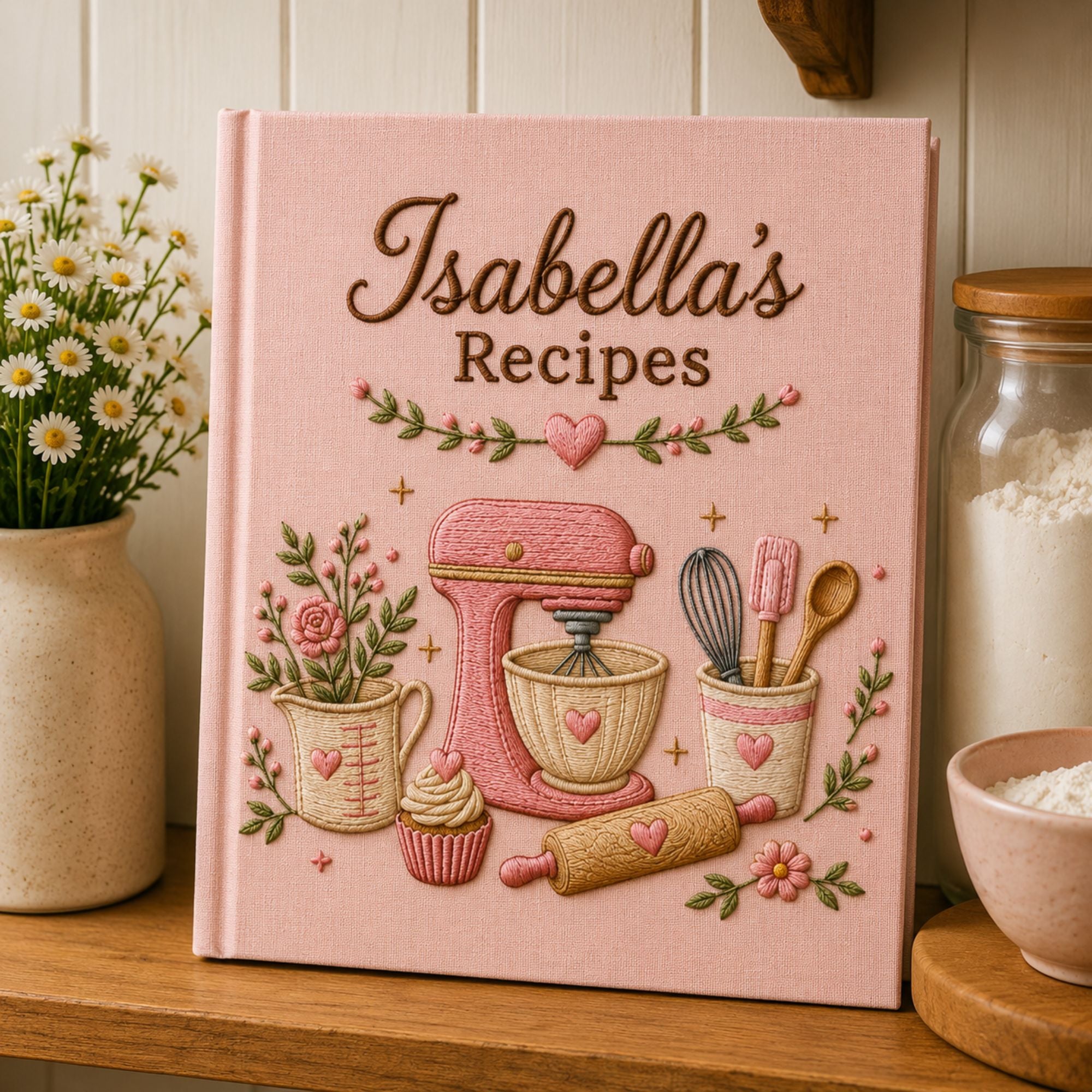 Personalized hand embroidered recipe book featuring a pink stand mixer, whisk, spatula, rolling pin, cupcake, measuring cup and floral baking motifs on a linen cover.