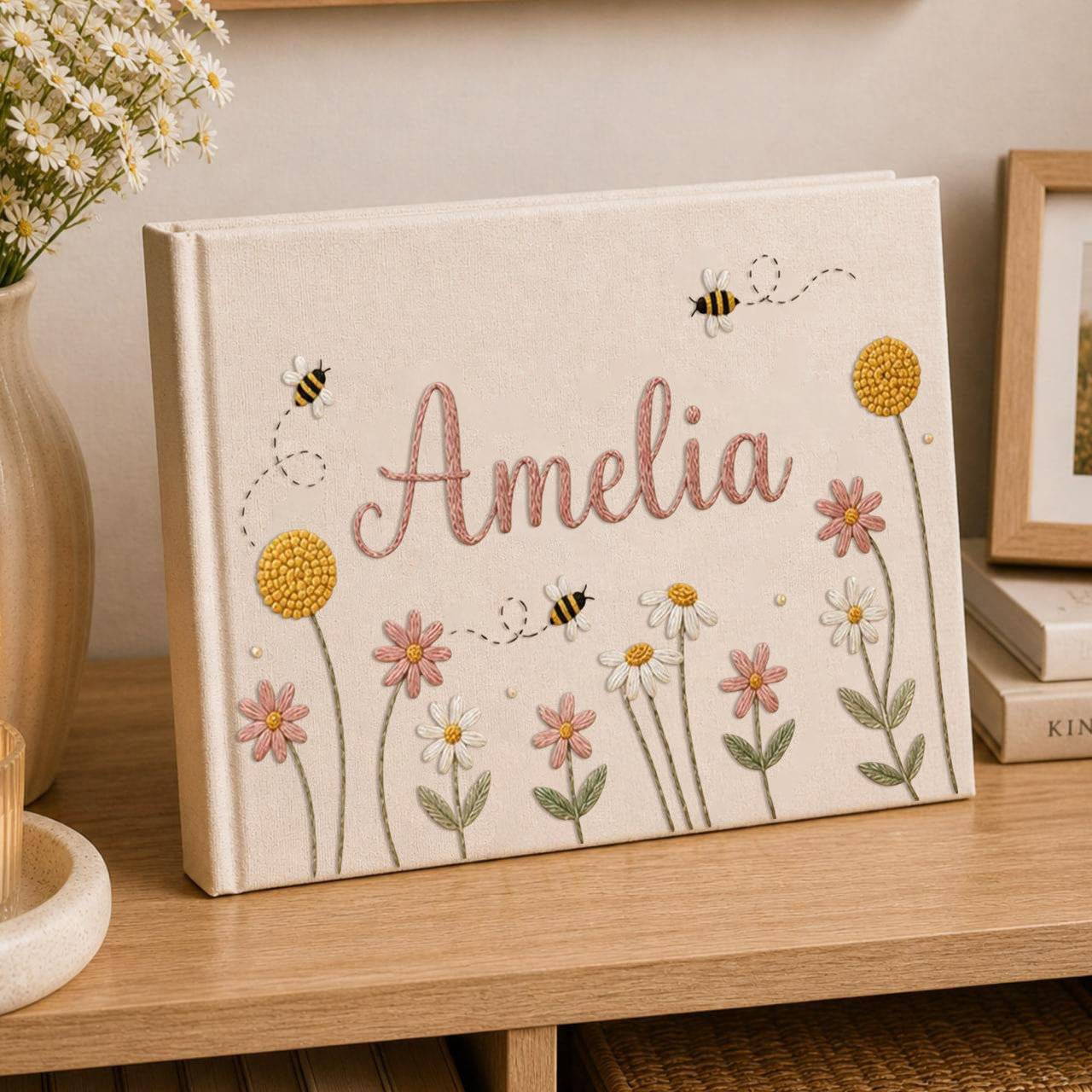 Personalized bee daisy garden hand embroidered linen notebook with floral embroidery bees and custom name