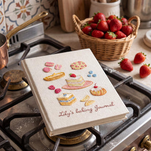 Hand embroidered baking journal featuring strawberry cake macarons pastries berries and dessert motifs on linen cover