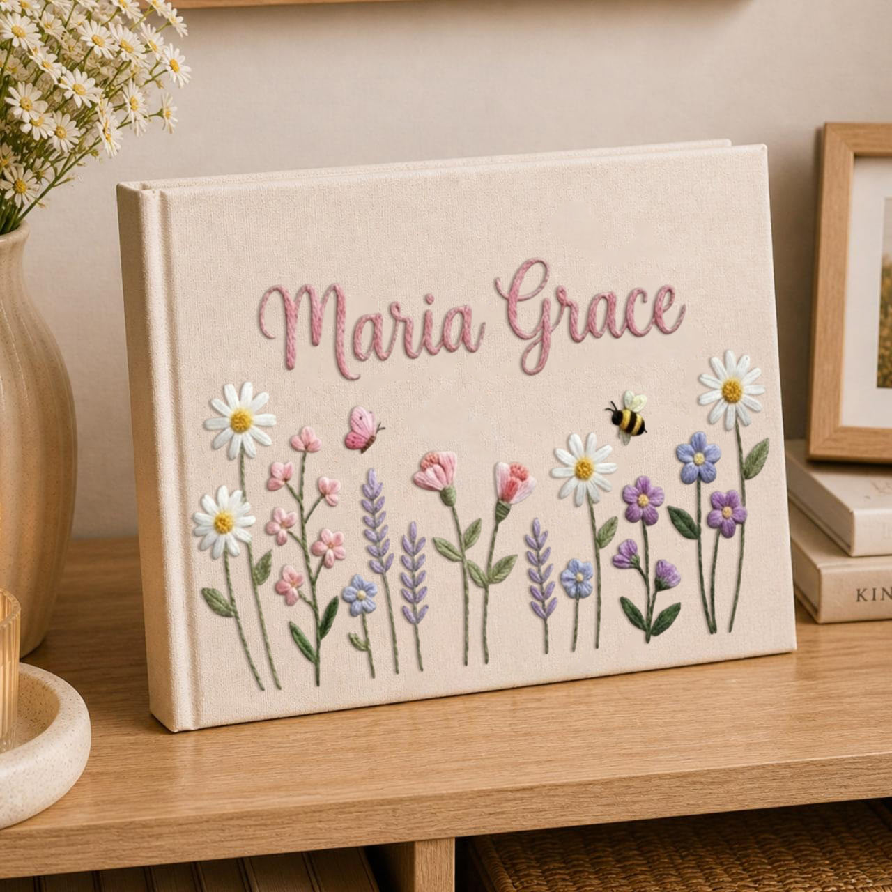 Personalized pastel cottage garden hand embroidered linen notebook with daisies bees flowers and custom name