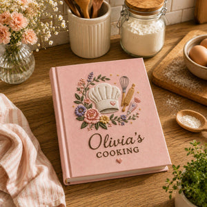Personalized baker's garden hand embroidered recipe book featuring chef hat whisk rolling pin piping bag and floral embroidery on linen cover
