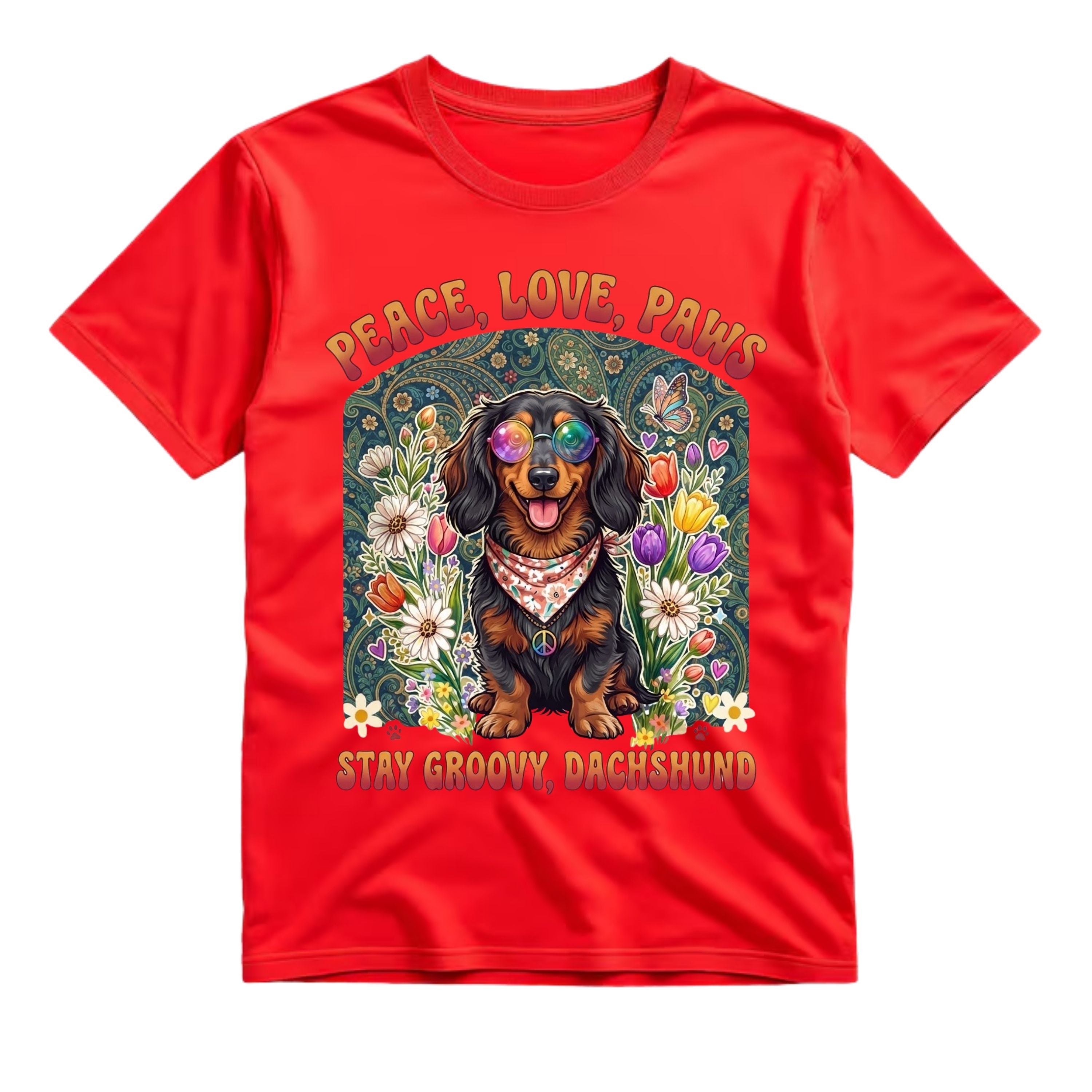 Peace Love Paws Stay Groovy Dachshund T Shirt Hippie Dog Graphic Tee Retro Floral Dachshund Shirt Groovy Dog Mom Shirt Gift For Dog Lovers
