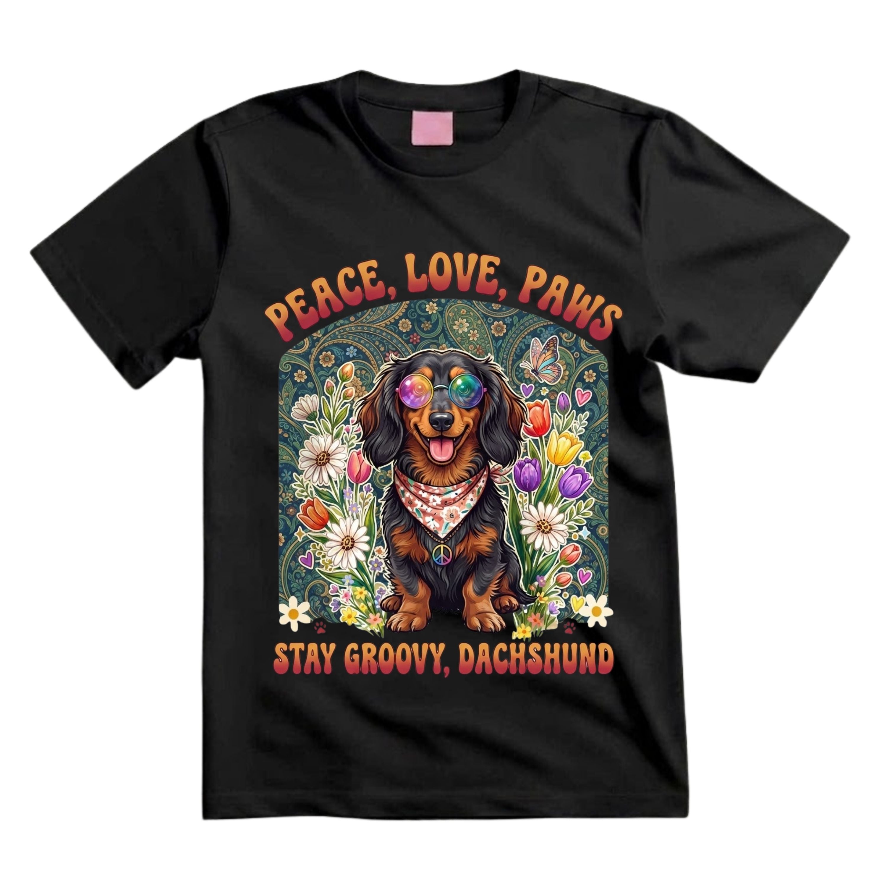 Peace Love Paws Stay Groovy Dachshund T Shirt Hippie Dog Graphic Tee Retro Floral Dachshund Shirt Groovy Dog Mom Shirt Gift For Dog Lovers