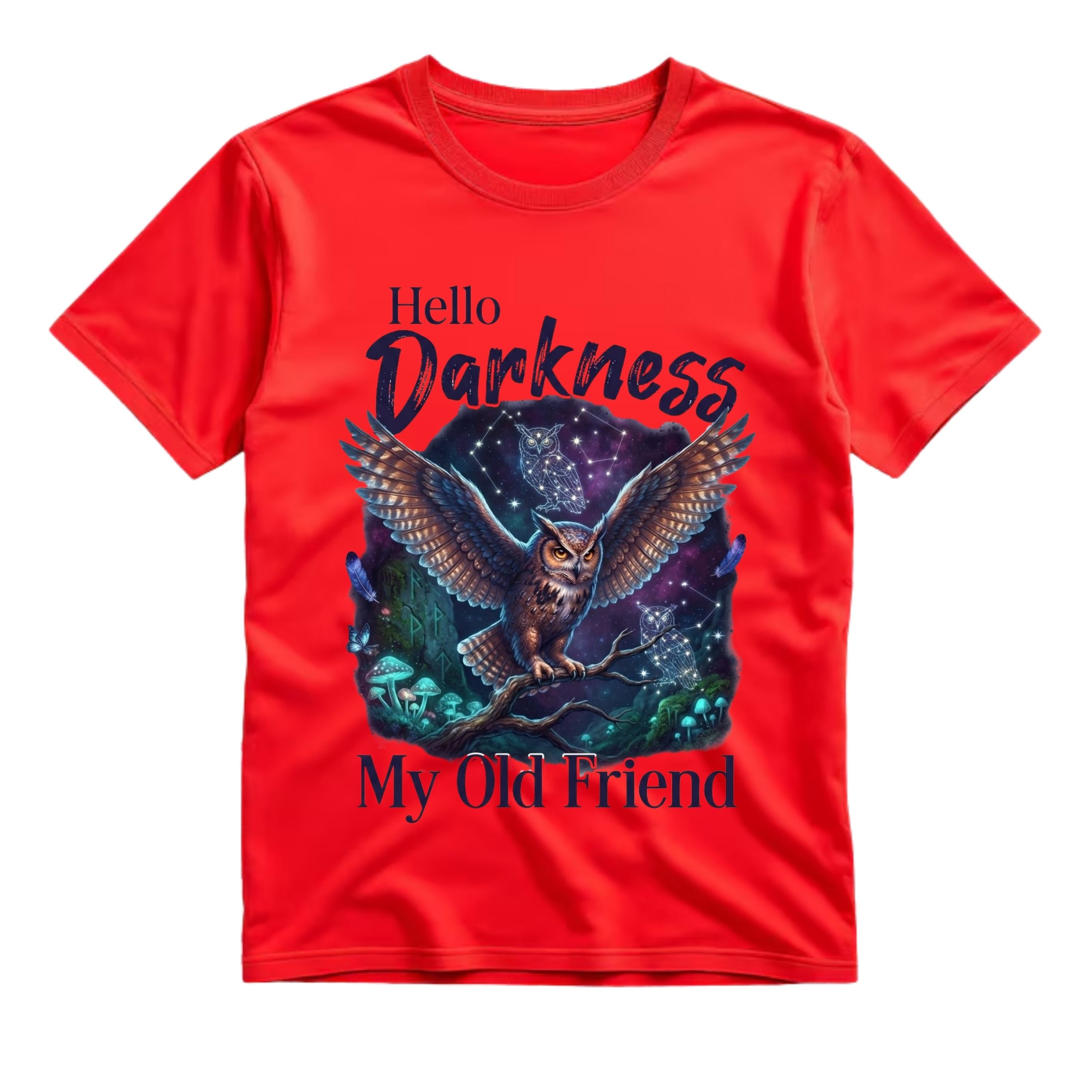 Hello Darkness My Old Friend T Shirt Mystical Owl Graphic Tee Celestial Owl Shirt Witchy Night Shirt Gothic Forest Shirt Gift For Owl Lovers