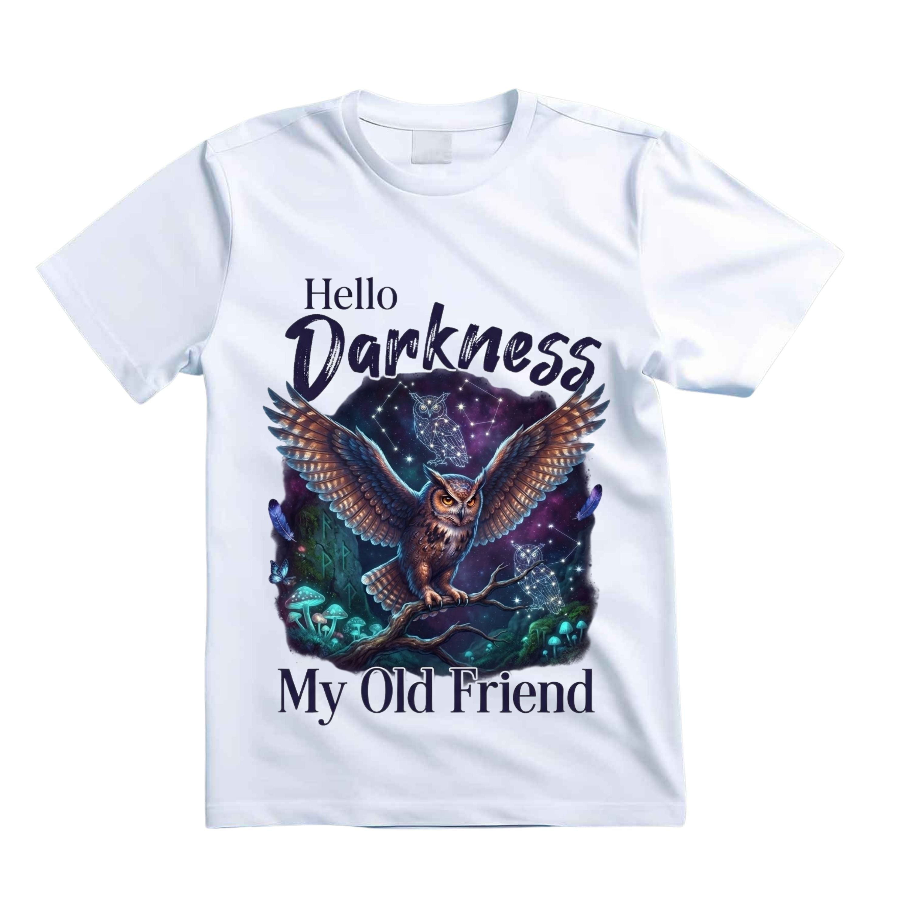 Hello Darkness My Old Friend T Shirt Mystical Owl Graphic Tee Celestial Owl Shirt Witchy Night Shirt Gothic Forest Shirt Gift For Owl Lovers