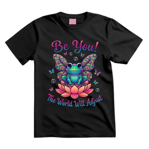 Be You The World Will Adjust T Shirt Hippie Frog Butterfly Graphic Tee Retro Lotus Frog Shirt Groovy Positive Shirt Gift For Frog Lovers