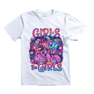 Girls Will Be Girls T Shirt Hippie Flamingo Graphic Tee Psychedelic Witchy Flamingo Shirt Retro Halloween Flamingo Shirt Gift For Flamingo Lovers