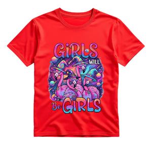 Girls Will Be Girls T Shirt Hippie Flamingo Graphic Tee Psychedelic Witchy Flamingo Shirt Retro Halloween Flamingo Shirt Gift For Flamingo Lovers