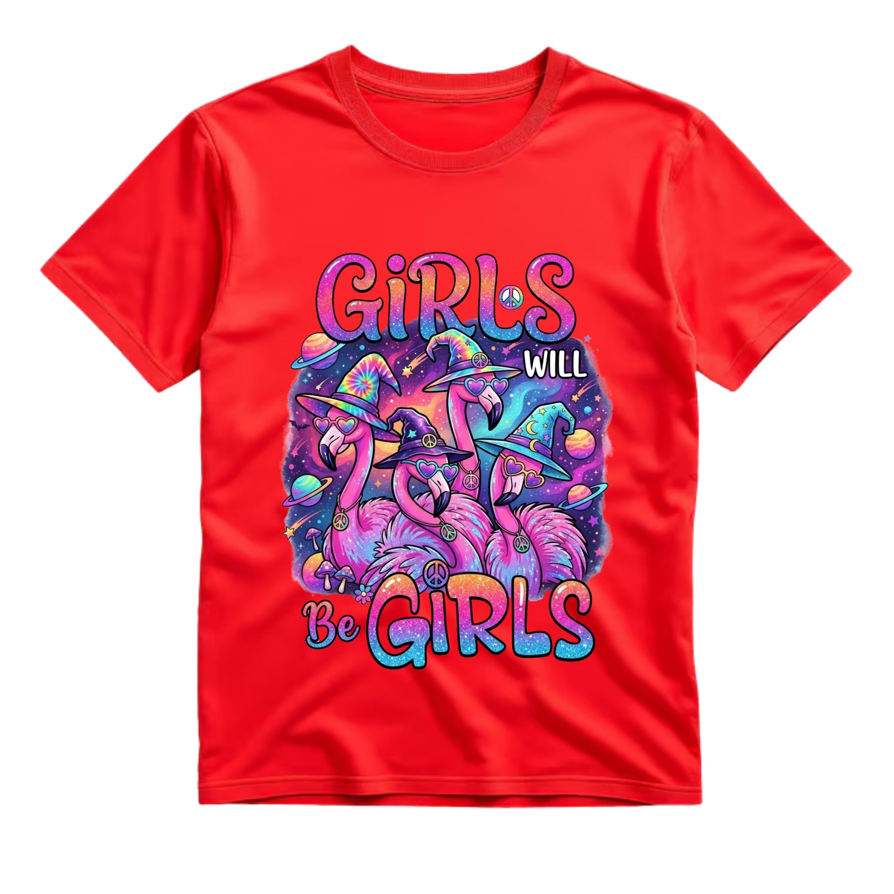 Girls Will Be Girls T Shirt Hippie Flamingo Graphic Tee Psychedelic Witchy Flamingo Shirt Retro Halloween Flamingo Shirt Gift For Flamingo Lovers