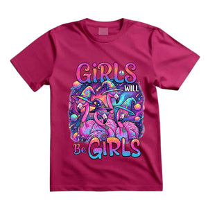 Girls Will Be Girls T Shirt Hippie Flamingo Graphic Tee Psychedelic Witchy Flamingo Shirt Retro Halloween Flamingo Shirt Gift For Flamingo Lovers