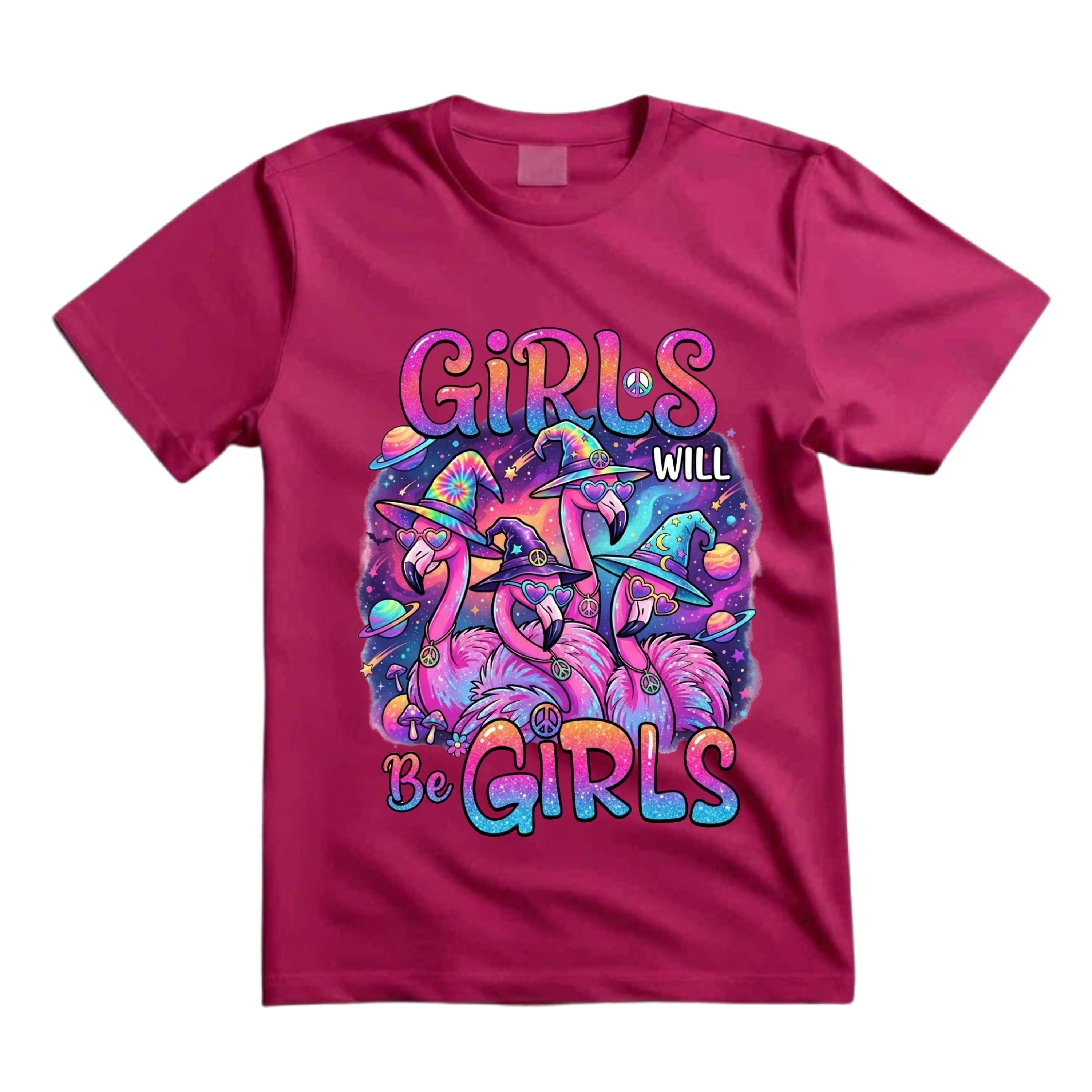 Girls Will Be Girls T Shirt Hippie Flamingo Graphic Tee Psychedelic Witchy Flamingo Shirt Retro Halloween Flamingo Shirt Gift For Flamingo Lovers