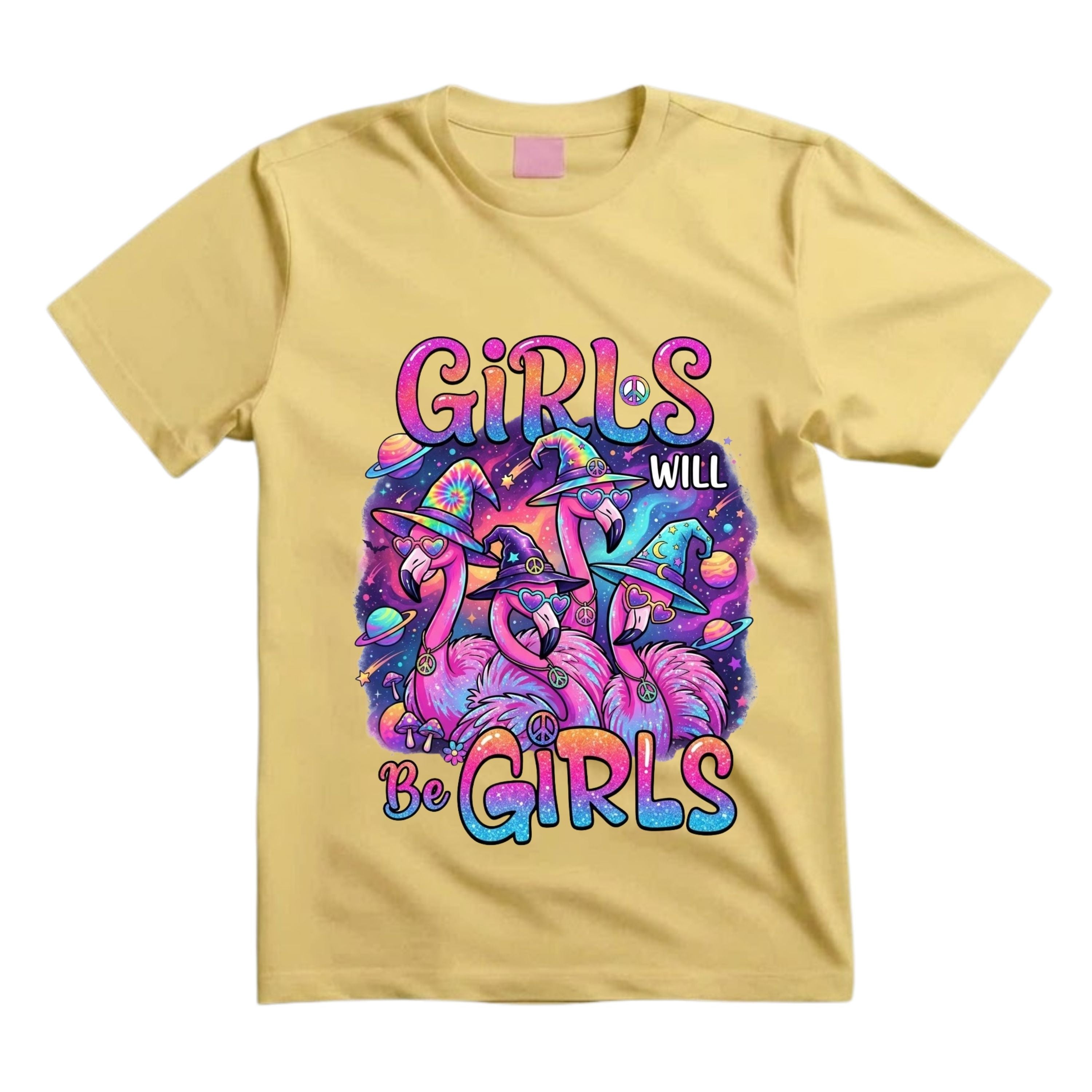 Girls Will Be Girls T Shirt Hippie Flamingo Graphic Tee Psychedelic Witchy Flamingo Shirt Retro Halloween Flamingo Shirt Gift For Flamingo Lovers