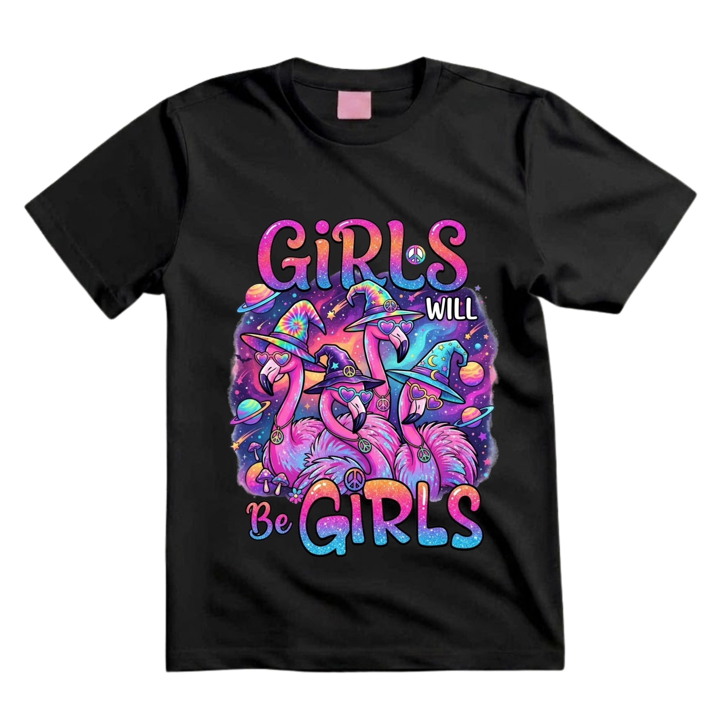 Girls Will Be Girls T Shirt Hippie Flamingo Graphic Tee Psychedelic Witchy Flamingo Shirt Retro Halloween Flamingo Shirt Gift For Flamingo Lovers
