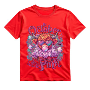 In October We Wear Pink T Shirt Halloween Highland Cow Graphic Tee Groovy Pink Cow Shirt Breast Cancer Awareness Shirt Gift For Cow Lovers