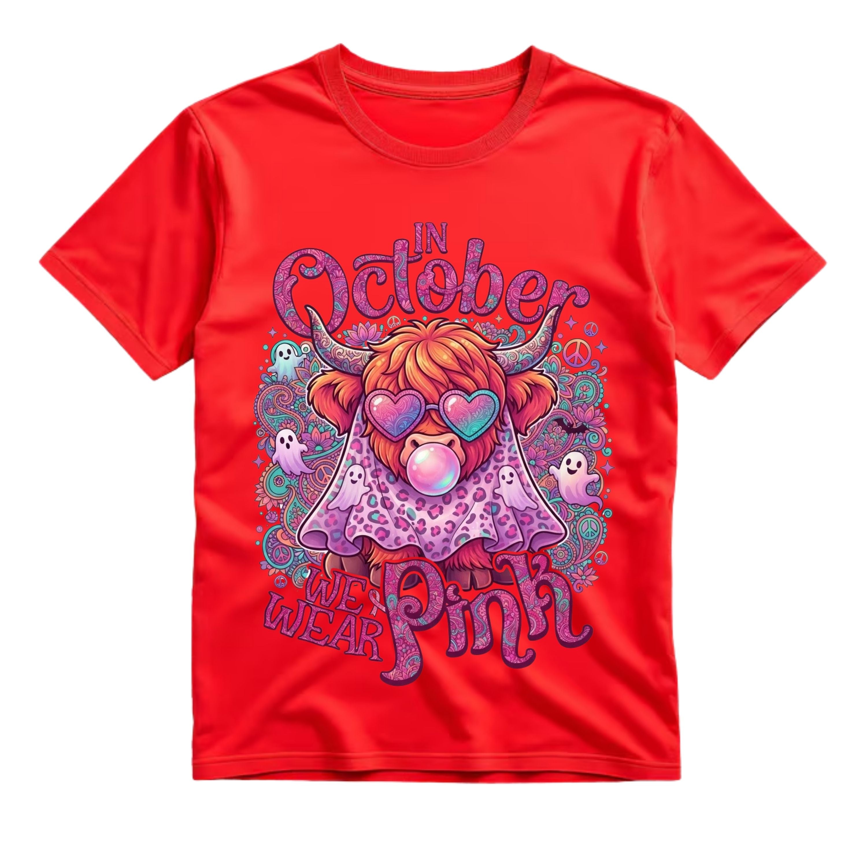 In October We Wear Pink T Shirt Halloween Highland Cow Graphic Tee Groovy Pink Cow Shirt Breast Cancer Awareness Shirt Gift For Cow Lovers