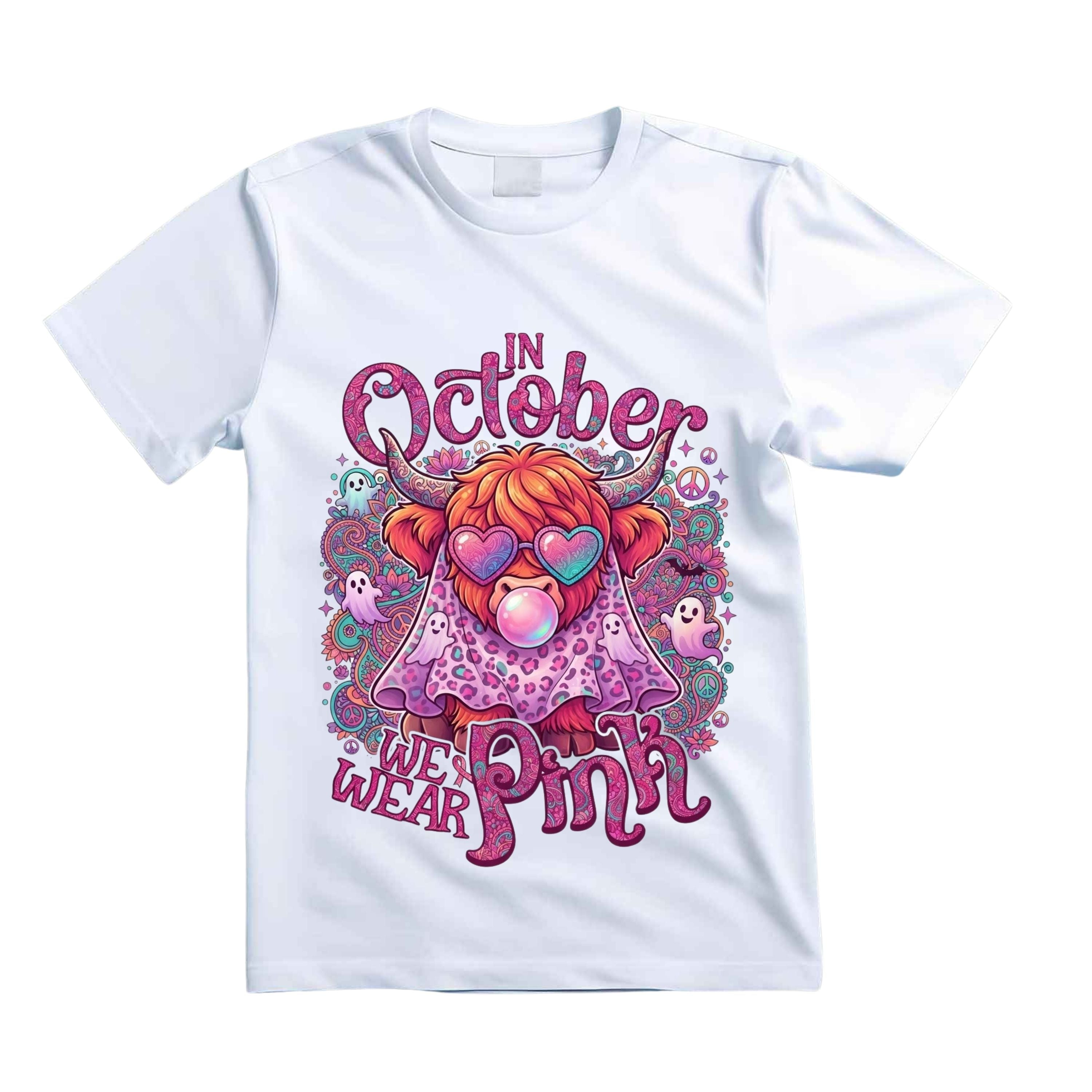 In October We Wear Pink T Shirt Halloween Highland Cow Graphic Tee Groovy Pink Cow Shirt Breast Cancer Awareness Shirt Gift For Cow Lovers
