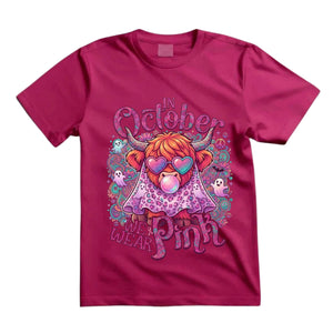 In October We Wear Pink T Shirt Halloween Highland Cow Graphic Tee Groovy Pink Cow Shirt Breast Cancer Awareness Shirt Gift For Cow Lovers