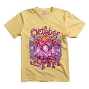 In October We Wear Pink T Shirt Halloween Highland Cow Graphic Tee Groovy Pink Cow Shirt Breast Cancer Awareness Shirt Gift For Cow Lovers