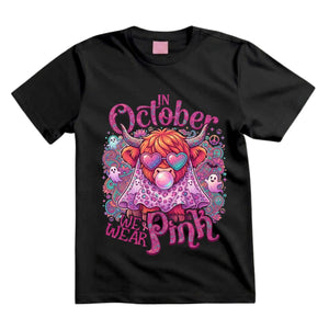In October We Wear Pink T Shirt Halloween Highland Cow Graphic Tee Groovy Pink Cow Shirt Breast Cancer Awareness Shirt Gift For Cow Lovers