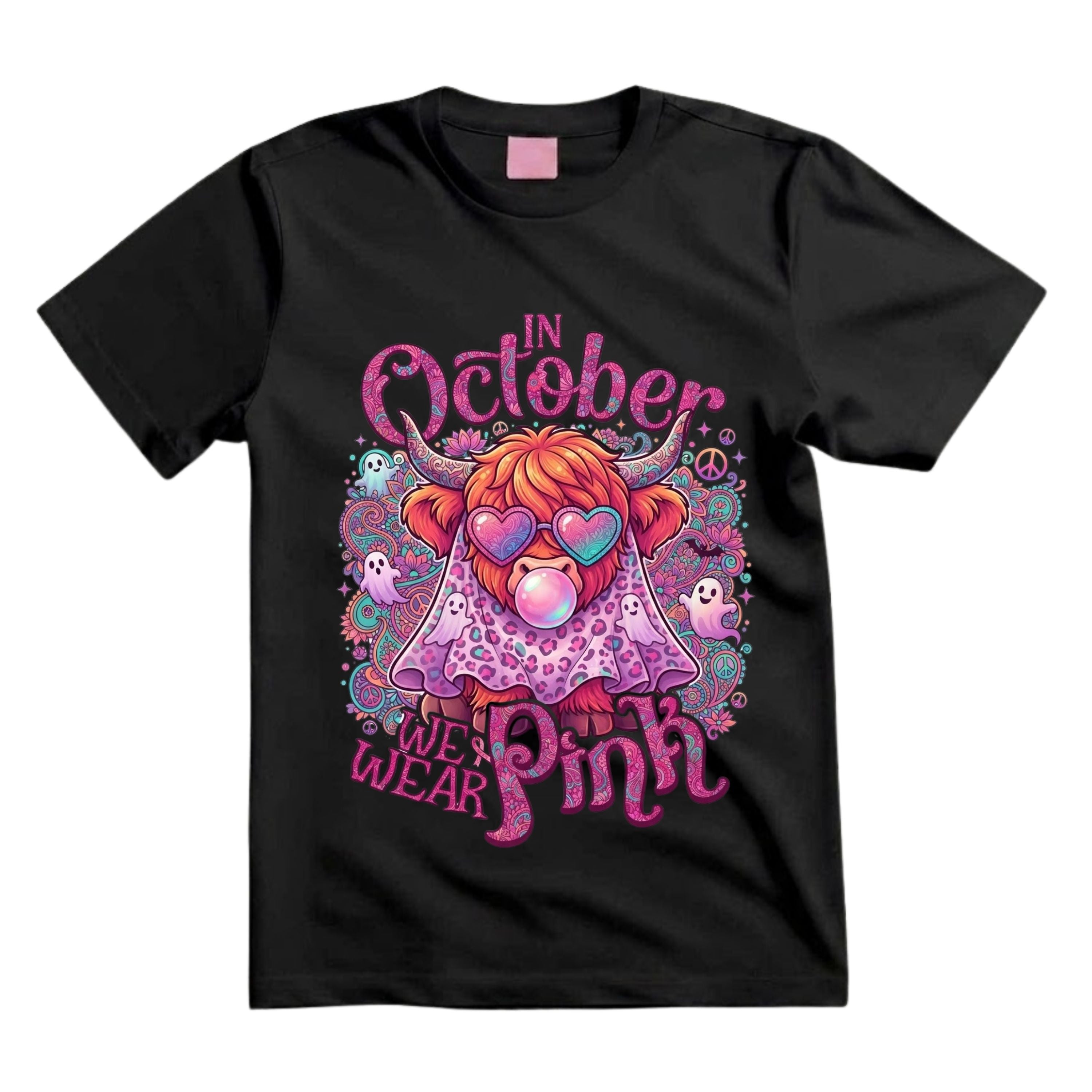 In October We Wear Pink T Shirt Halloween Highland Cow Graphic Tee Groovy Pink Cow Shirt Breast Cancer Awareness Shirt Gift For Cow Lovers