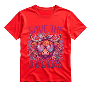 Save The Udders T Shirt Groovy Highland Cow Graphic Tee Pink Ribbon Cow Shirt Breast Cancer Awareness Shirt Hippie Cow Shirt Gift For Cow Lovers
