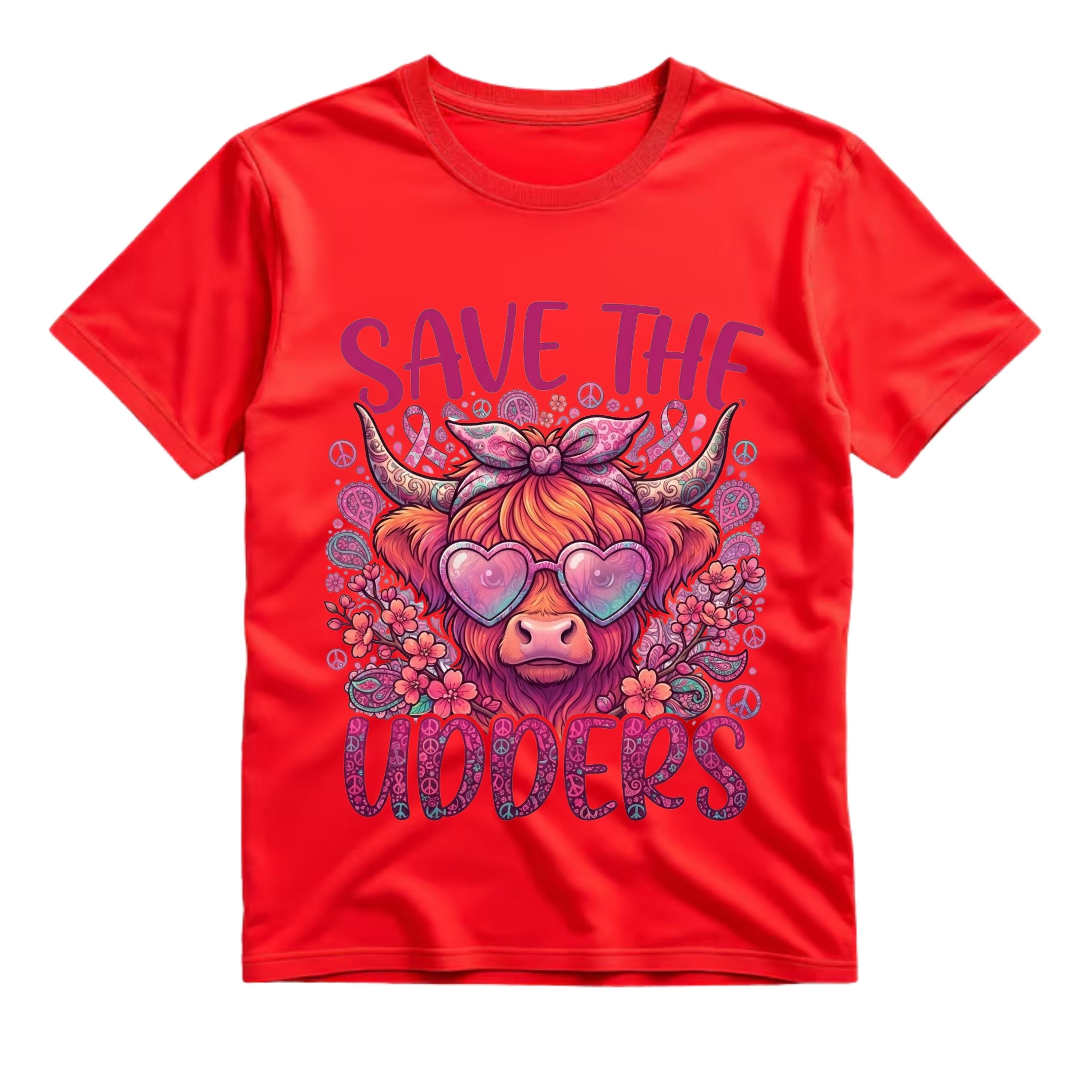 Save The Udders T Shirt Groovy Highland Cow Graphic Tee Pink Ribbon Cow Shirt Breast Cancer Awareness Shirt Hippie Cow Shirt Gift For Cow Lovers