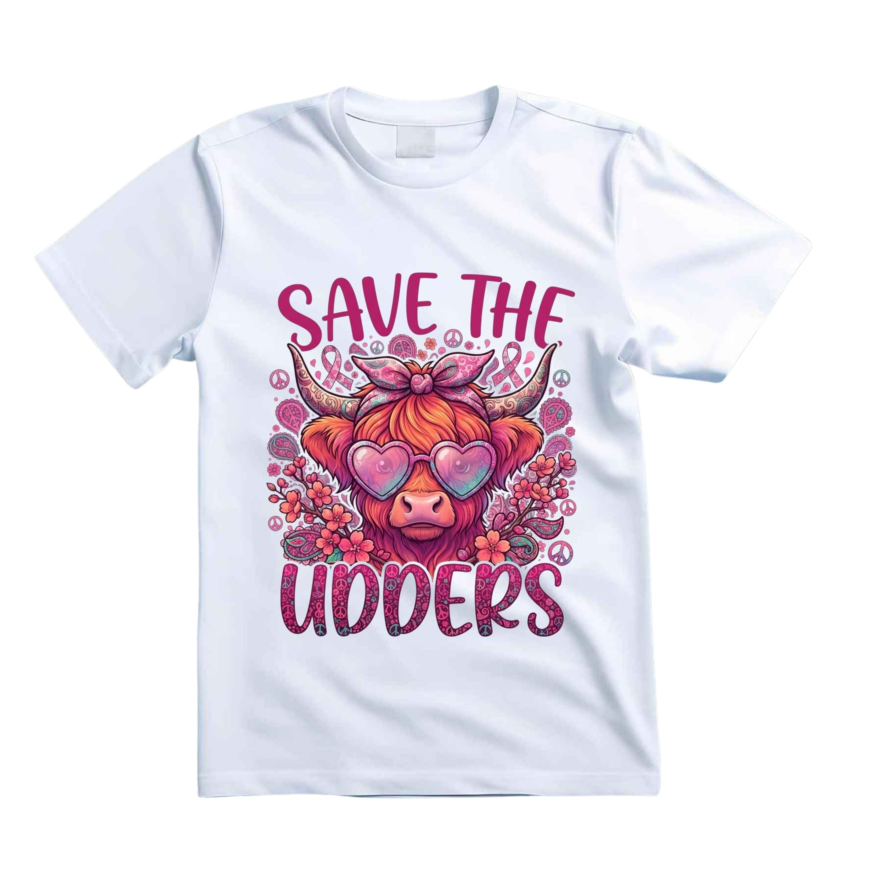 Save The Udders T Shirt Groovy Highland Cow Graphic Tee Pink Ribbon Cow Shirt Breast Cancer Awareness Shirt Hippie Cow Shirt Gift For Cow Lovers