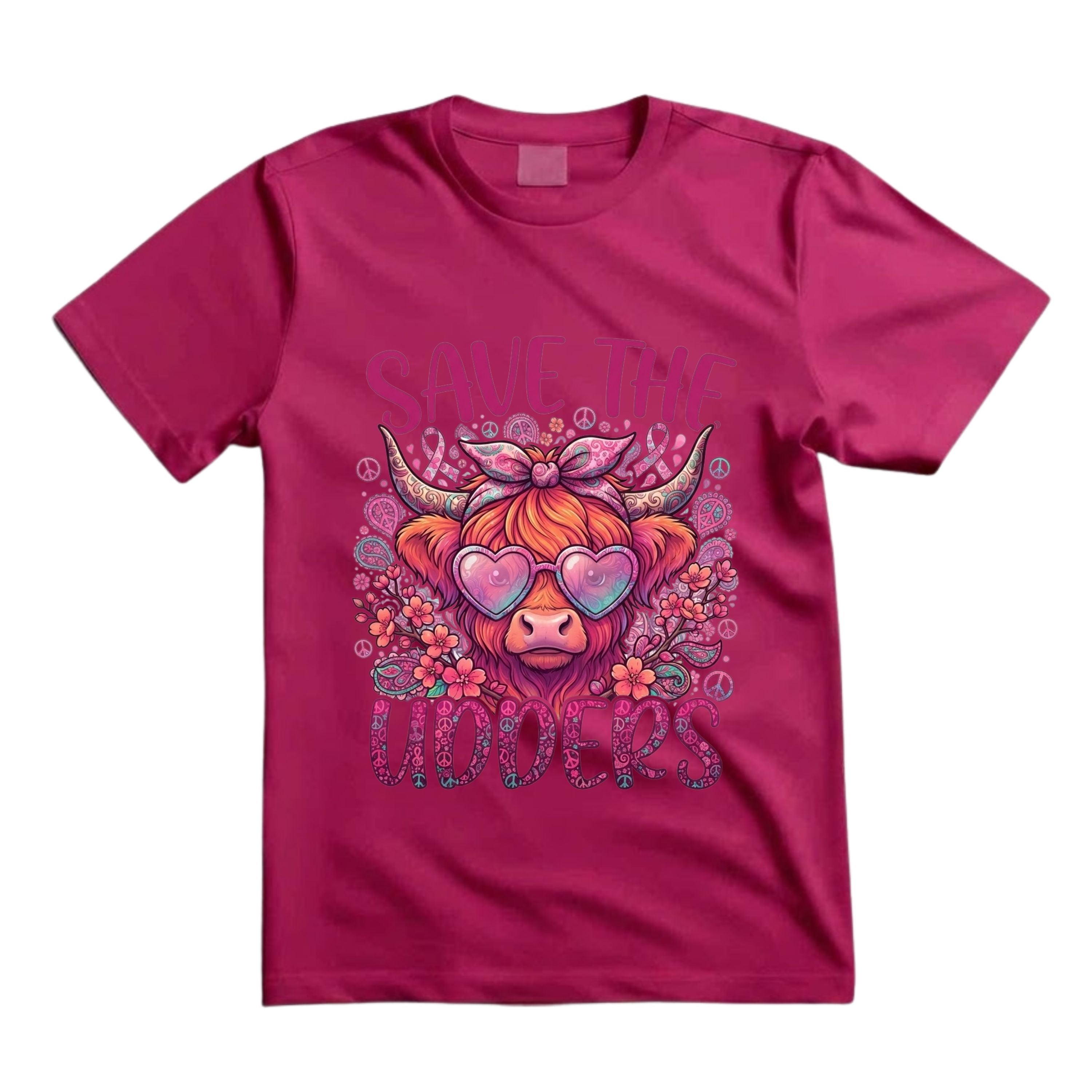 Save The Udders T Shirt Groovy Highland Cow Graphic Tee Pink Ribbon Cow Shirt Breast Cancer Awareness Shirt Hippie Cow Shirt Gift For Cow Lovers