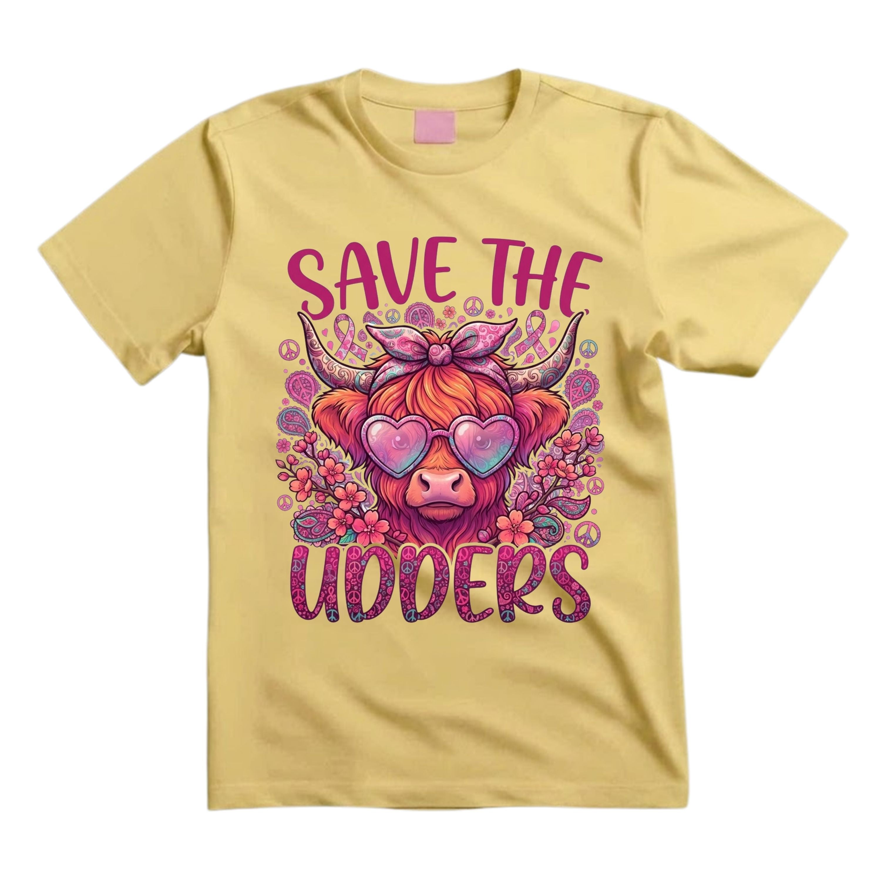 Save The Udders T Shirt Groovy Highland Cow Graphic Tee Pink Ribbon Cow Shirt Breast Cancer Awareness Shirt Hippie Cow Shirt Gift For Cow Lovers
