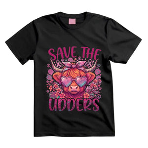 Save The Udders T Shirt Groovy Highland Cow Graphic Tee Pink Ribbon Cow Shirt Breast Cancer Awareness Shirt Hippie Cow Shirt Gift For Cow Lovers