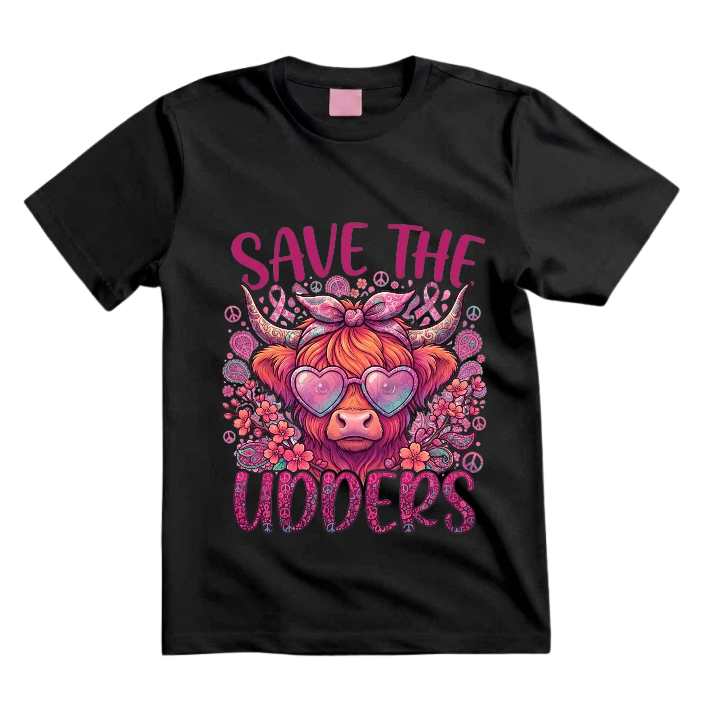 Save The Udders T Shirt Groovy Highland Cow Graphic Tee Pink Ribbon Cow Shirt Breast Cancer Awareness Shirt Hippie Cow Shirt Gift For Cow Lovers