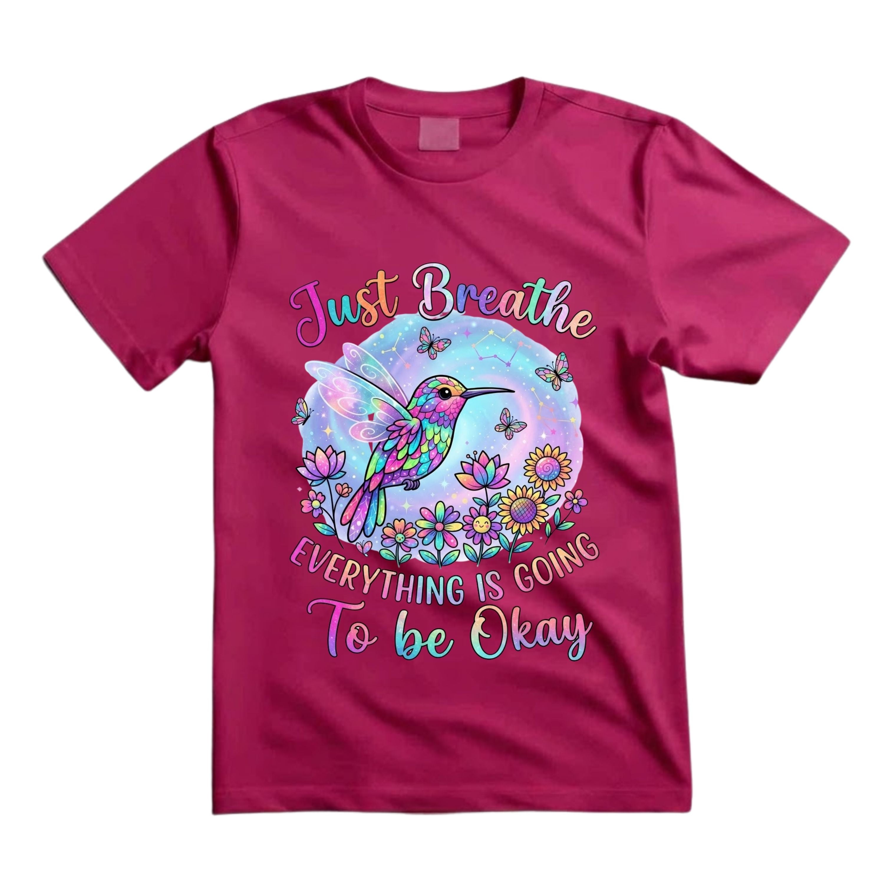 Just Breathe Everything Is Going To Be Okay T Shirt Hippie Hummingbird Graphic Tee Colorful Fairy Hummingbird Shirt Inspirational Boho Shirt Gift For Hummingbird Lovers