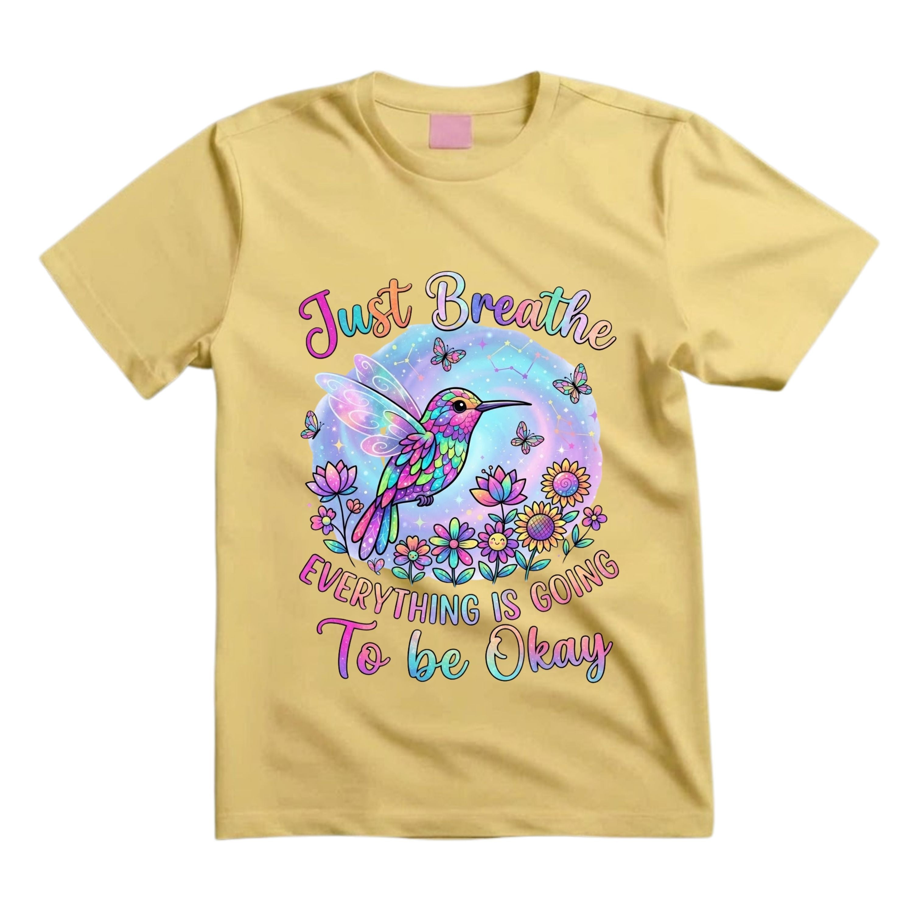 Just Breathe Everything Is Going To Be Okay T Shirt Hippie Hummingbird Graphic Tee Colorful Fairy Hummingbird Shirt Inspirational Boho Shirt Gift For Hummingbird Lovers