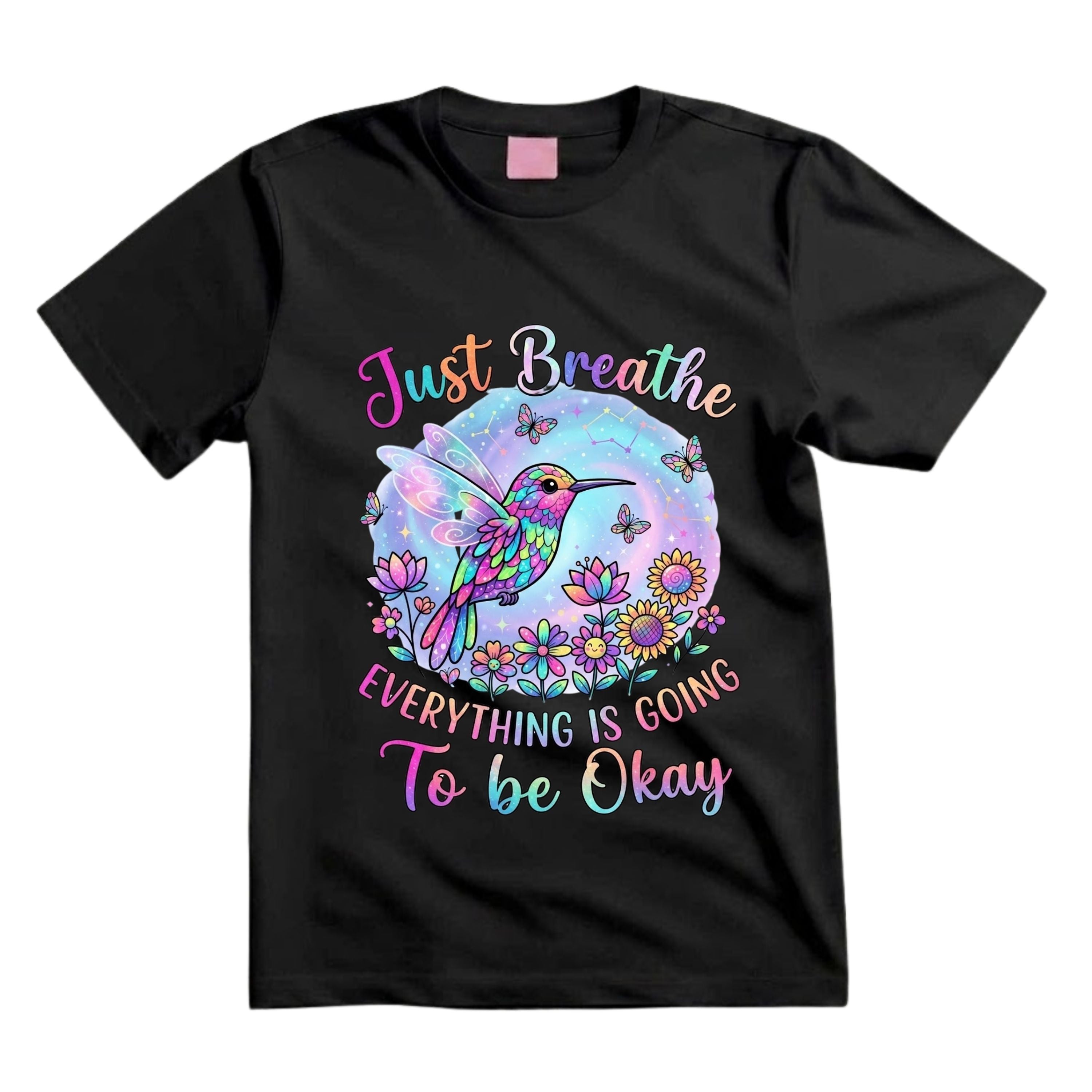 Just Breathe Everything Is Going To Be Okay T Shirt Hippie Hummingbird Graphic Tee Colorful Fairy Hummingbird Shirt Inspirational Boho Shirt Gift For Hummingbird Lovers