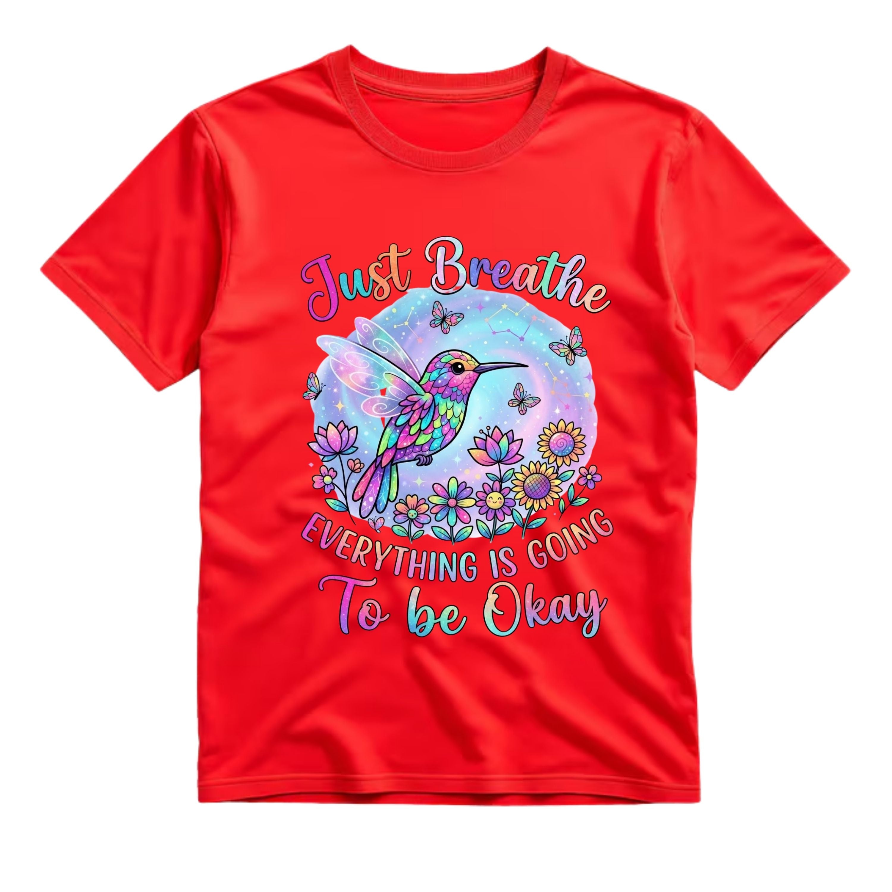 Just Breathe Everything Is Going To Be Okay T Shirt Hippie Hummingbird Graphic Tee Colorful Fairy Hummingbird Shirt Inspirational Boho Shirt Gift For Hummingbird Lovers