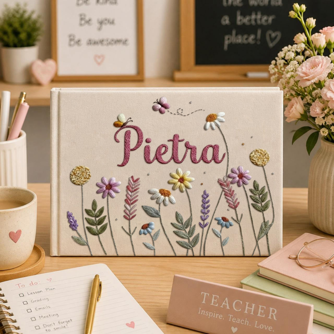 Personalized wildflower meadow hand embroidered linen notebook with botanical flowers and custom name