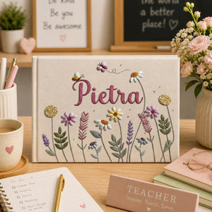 Personalized wildflower meadow hand embroidered linen notebook with botanical flowers and custom name