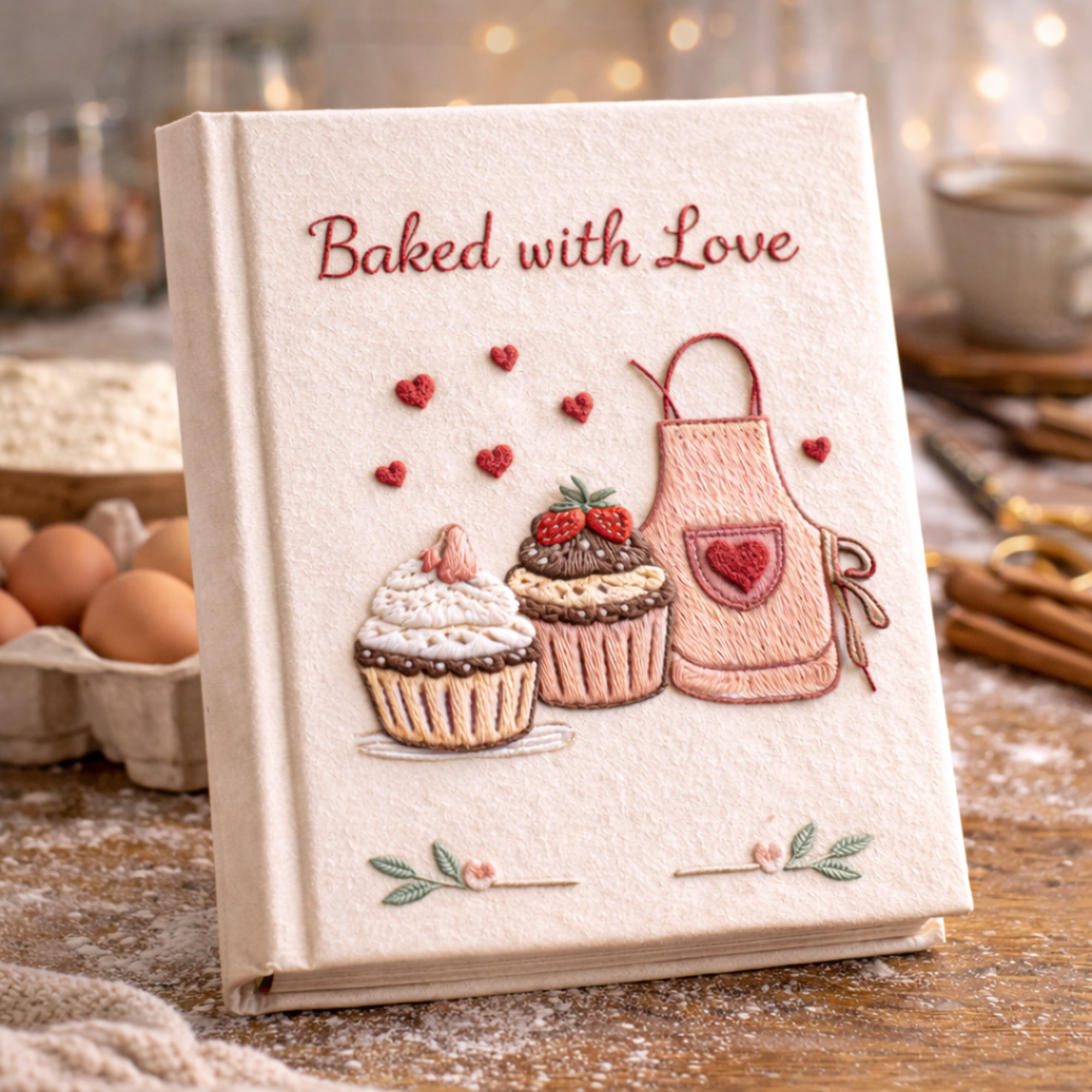 Hand embroidered recipe book featuring mixer milk sugar donut recipe card and baking tools
