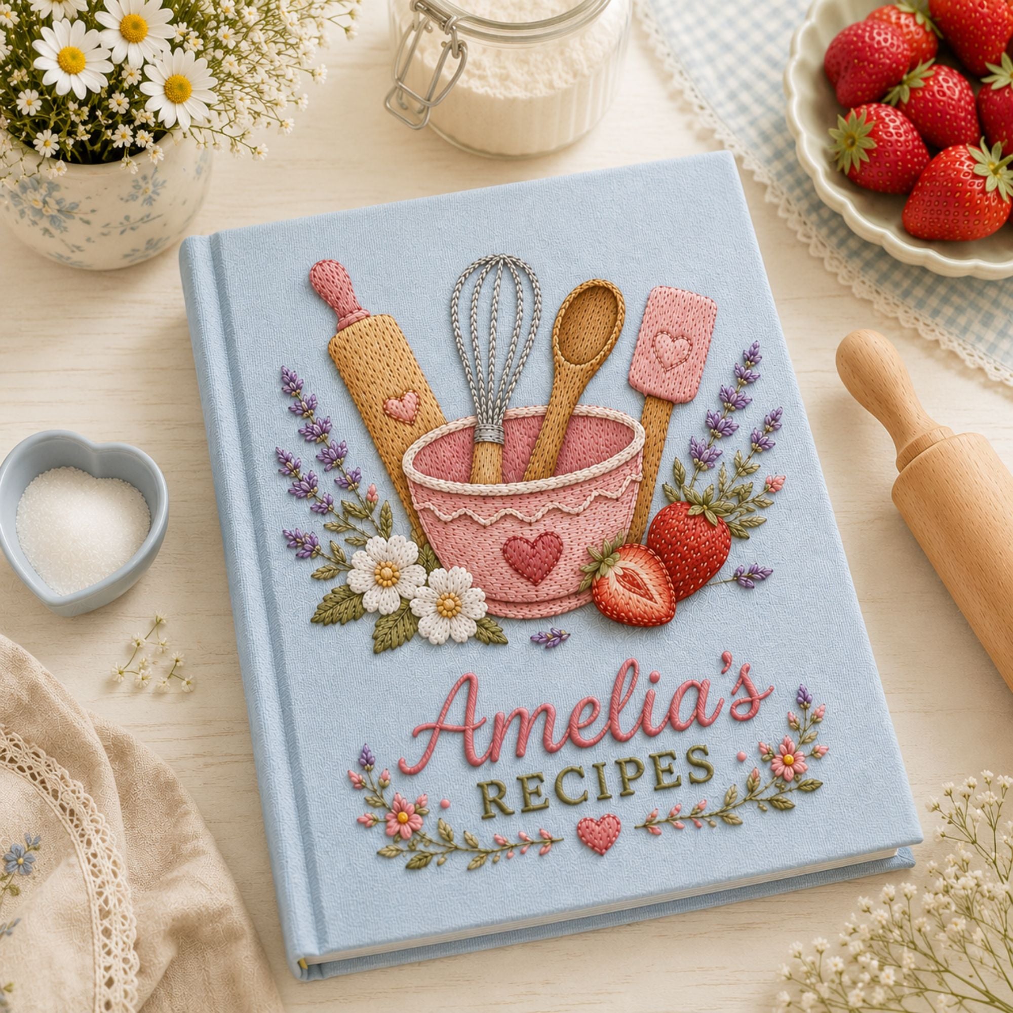 Personalized baking tools hand embroidered recipe book with whisk rolling pin spoon and strawberries