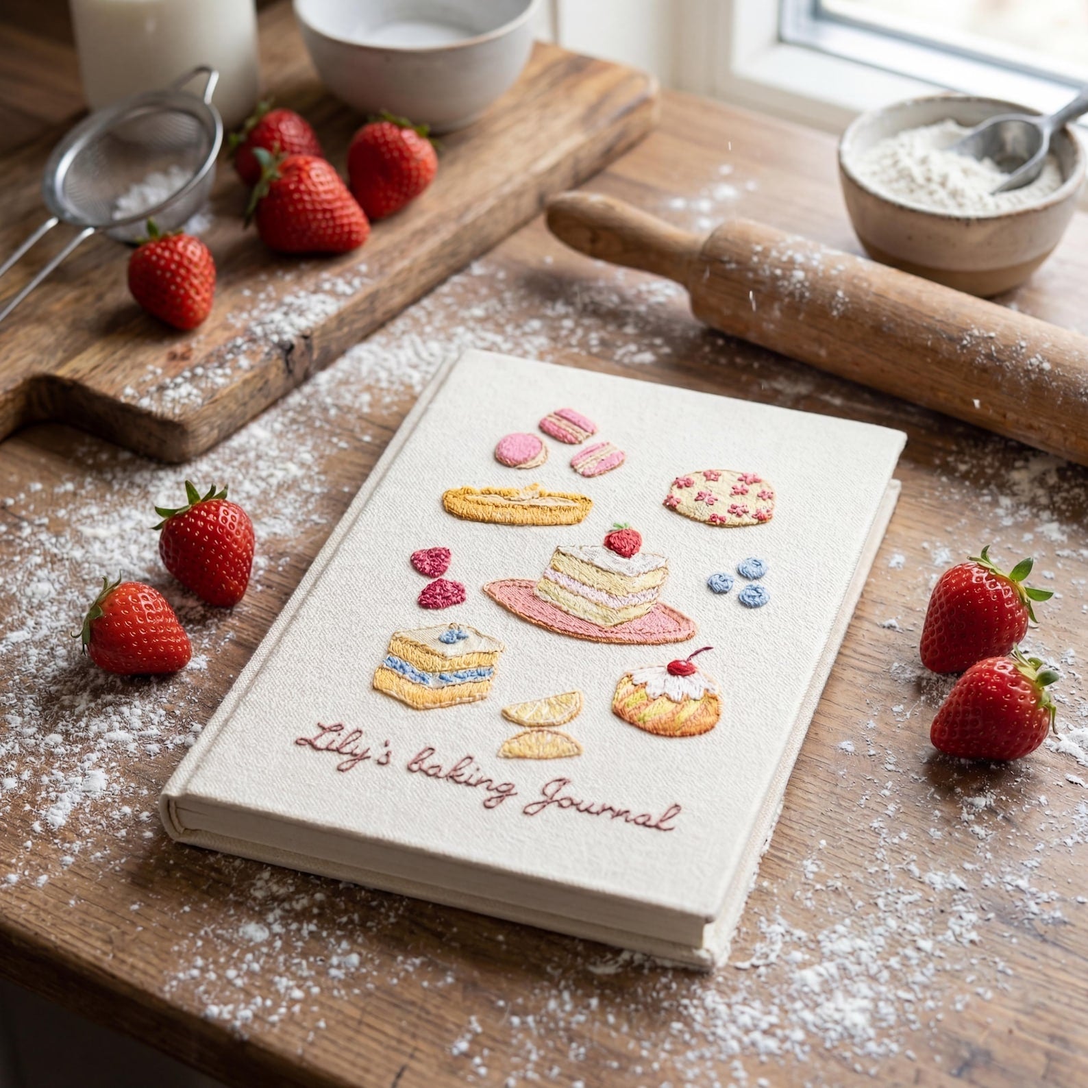 Hand embroidered baking journal featuring strawberry cake macarons pastries berries and dessert motifs on linen cover