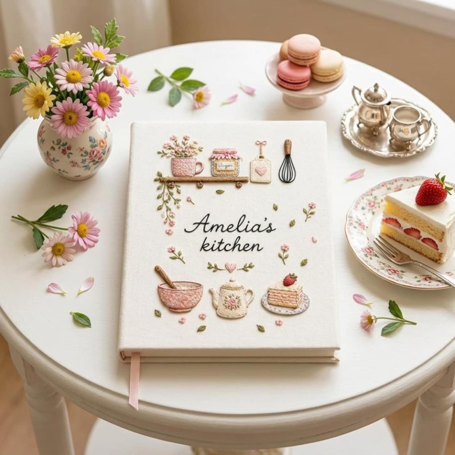Personalized hand embroidered recipe book featuring floral teapot whisk sugar jar mixing bowl strawberry cake and cottage tea party motifs