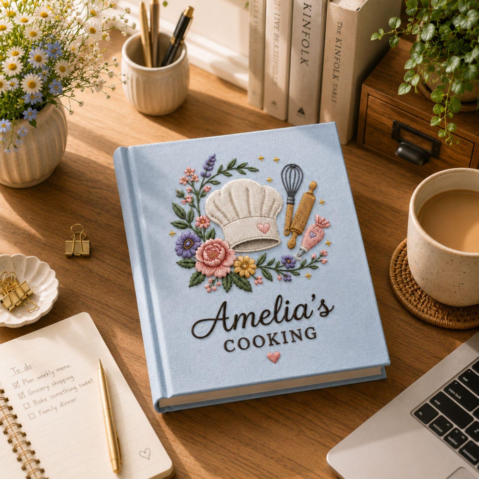 Personalized baker's garden hand embroidered recipe book featuring chef hat whisk rolling pin piping bag and floral embroidery on linen cover