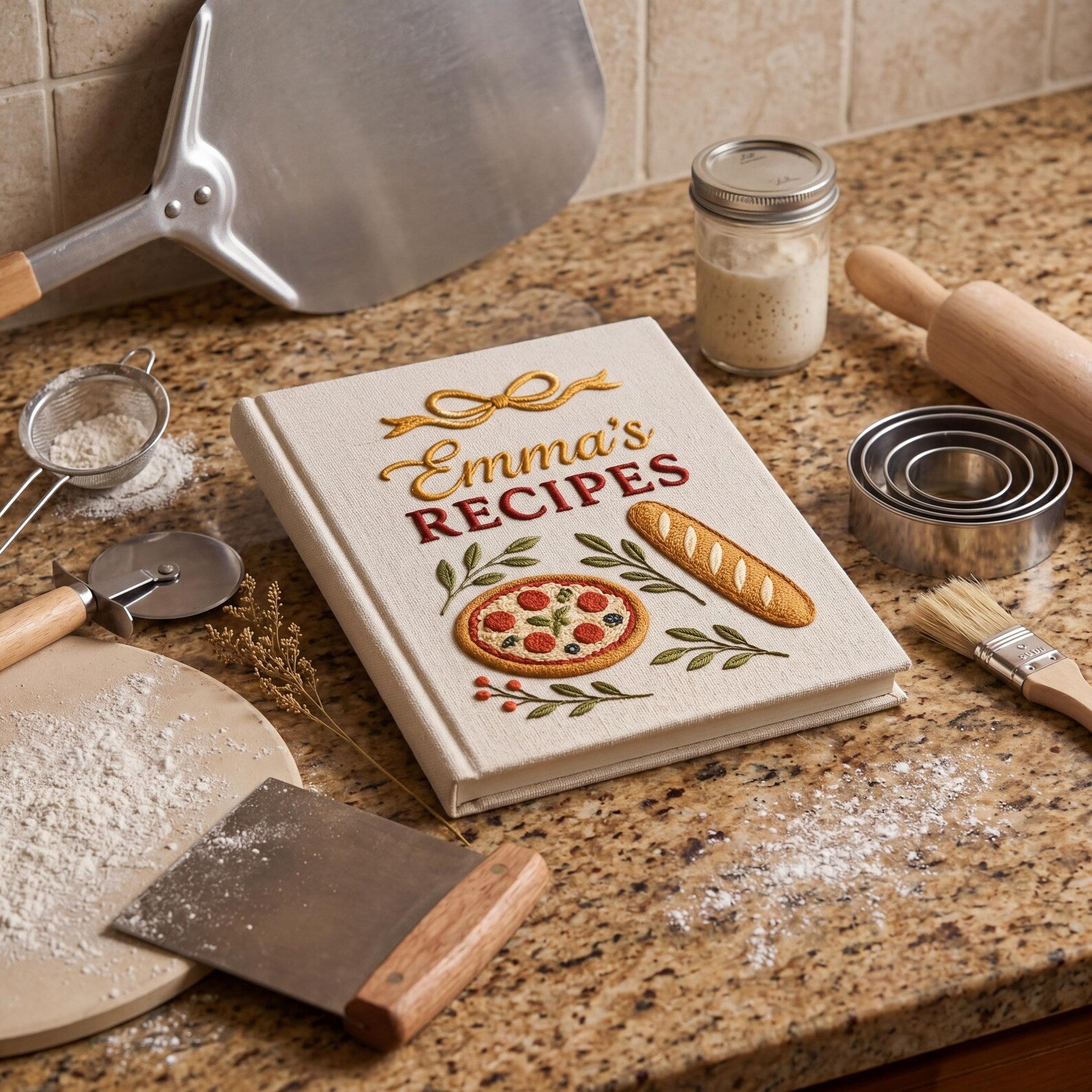 Personalized hand embroidered recipe book featuring Italian pizza, artisan bread, herb accents and rustic kitchen inspired embroidery on a linen hardcover notebook.