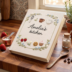Hand embroidered recipe book featuring strawberries cookies cupcake teapot teacup whisk and floral wreath with personalized kitchen text.