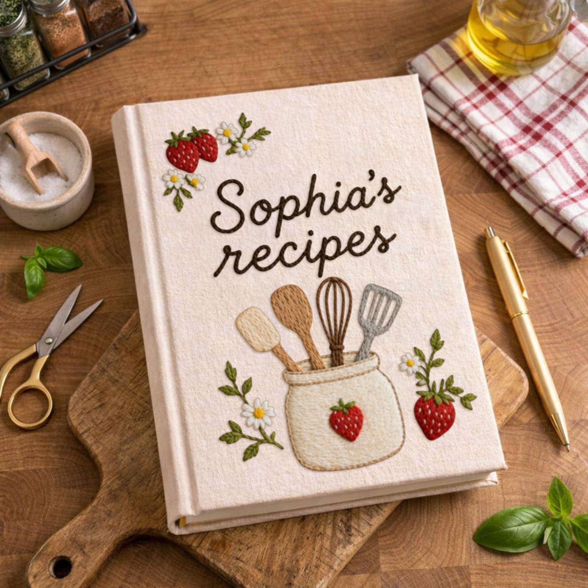 Personalized embroidered recipe book handmade linen cookbook strawberry kitchen journal 3
